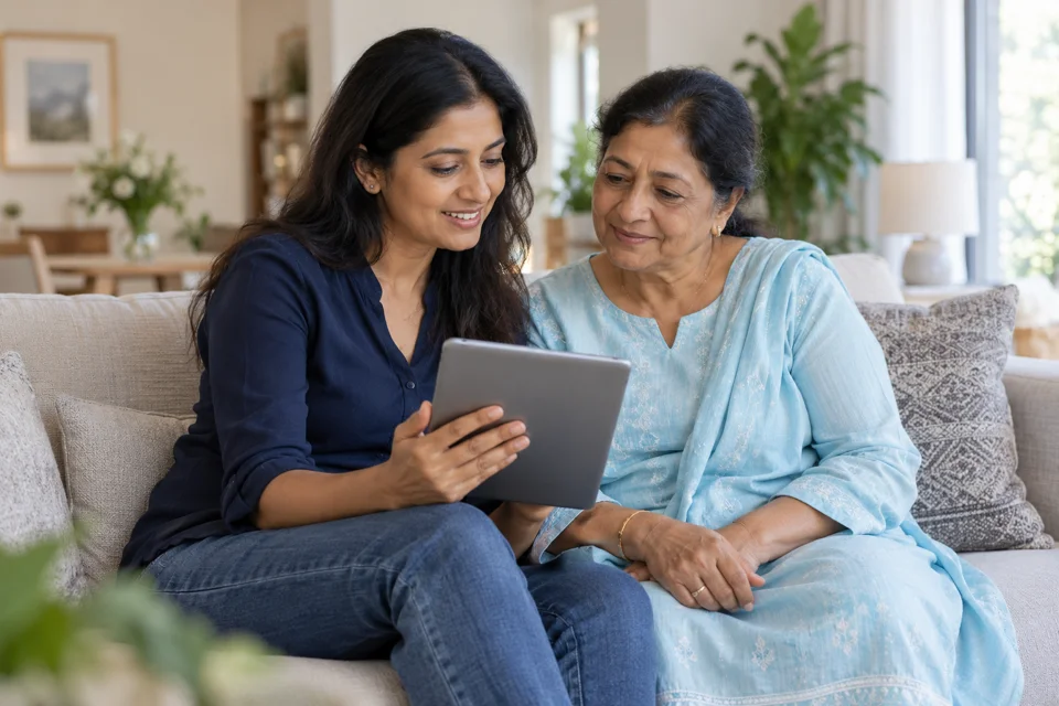 Illustrative image of a mother and daughter sharing a tablet at home